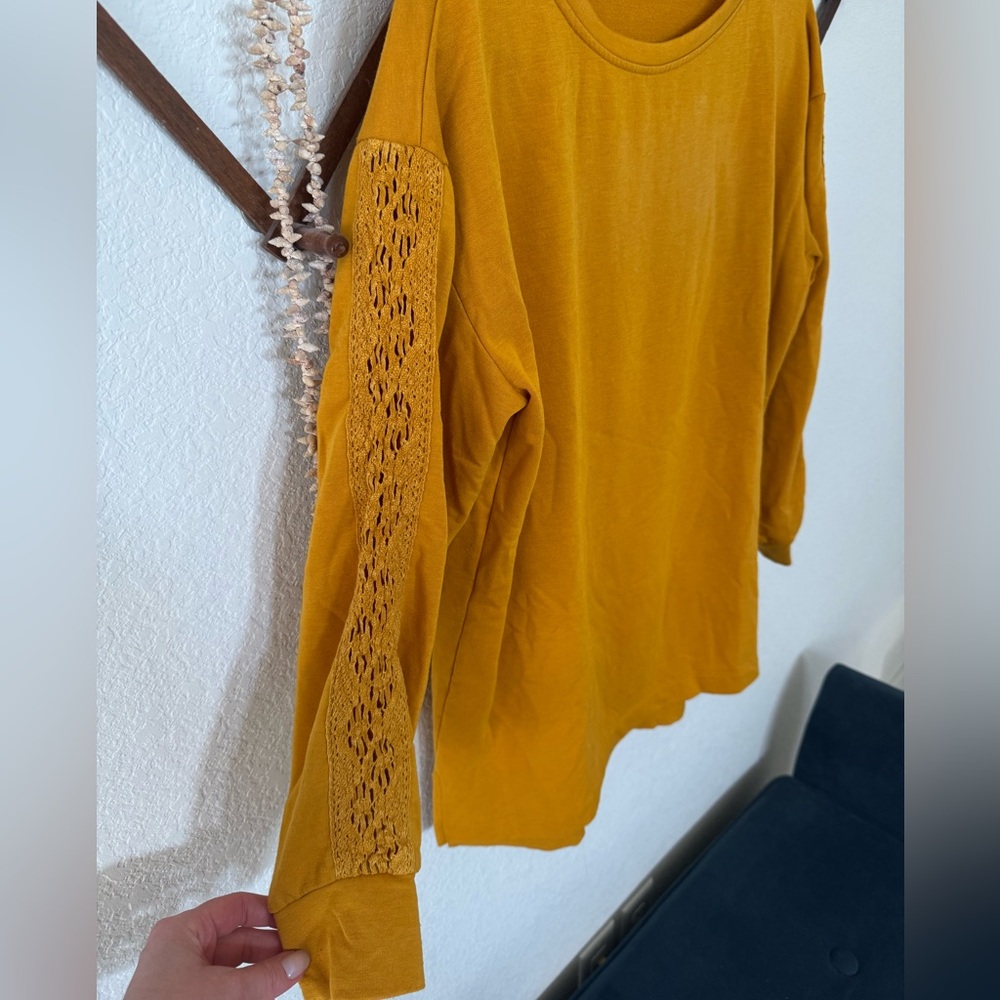 LC Conrad Mustard Yellow Sweater with Crochet Lace Sleeve